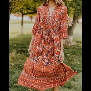 Colorful V-Neck 3/4 Sleeve Floral Boho Maxi Dress